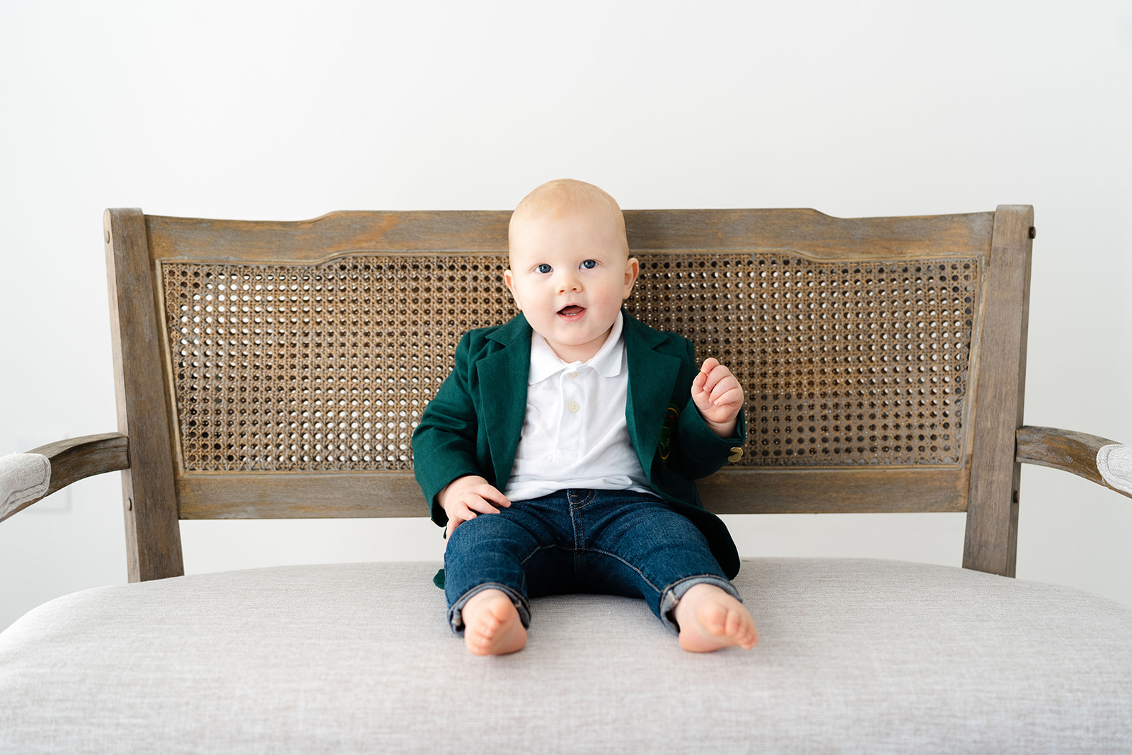 baby boy on bench in studio for Atlanta First Birthday Photo Session