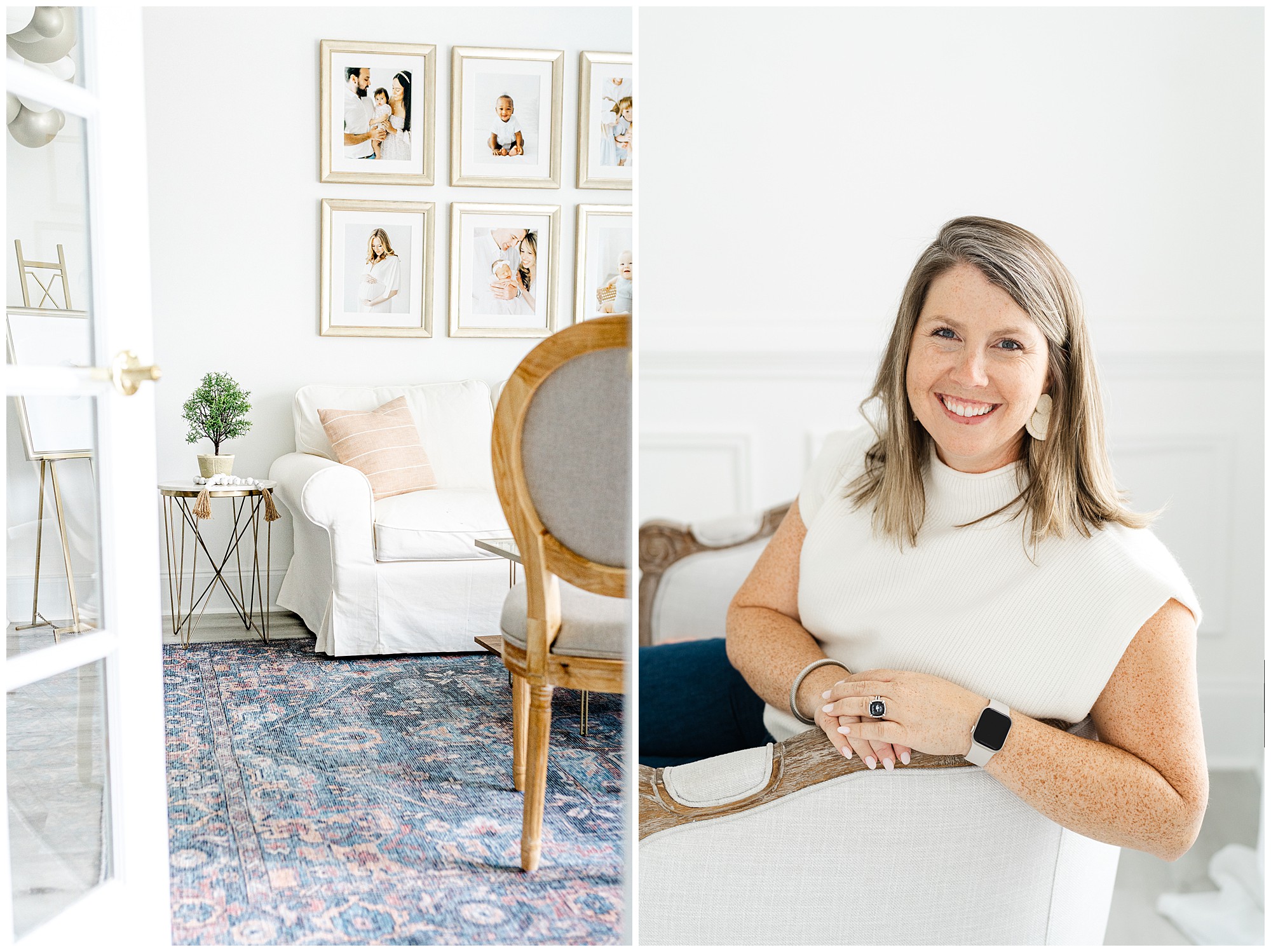 A headshot of atlanta photographer and a photo of her studio with frames on the wall.