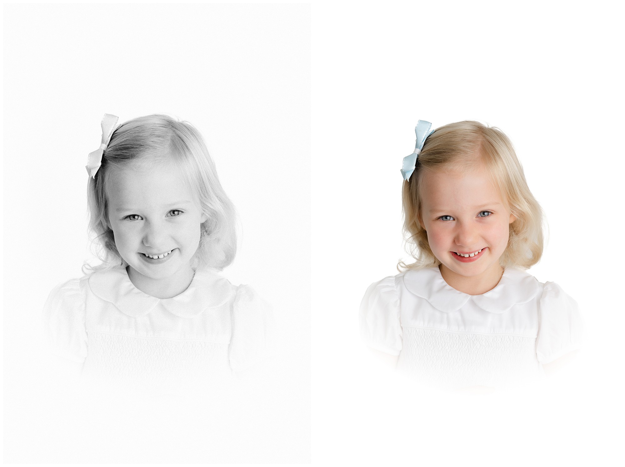 A color and black and white version of an heirloom portrait of a young girl smiling for a Marietta heirloom photographer.