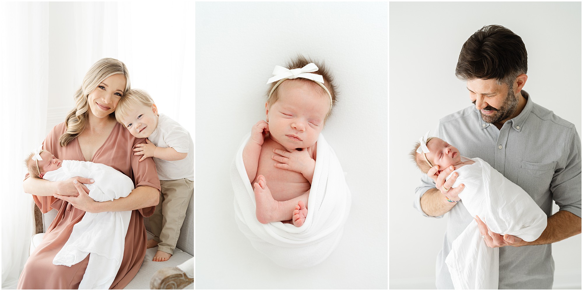 Portraits of a new baby with her parents and brother in a Marietta GA photography studio.