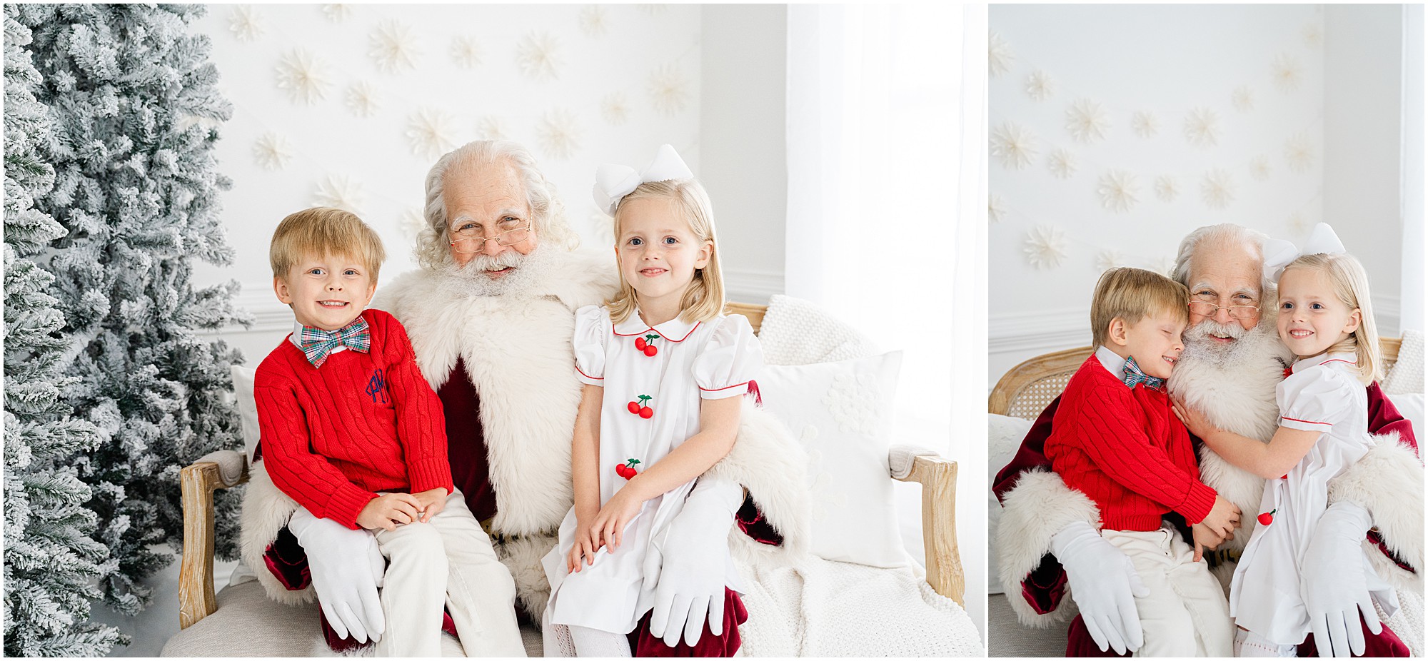 Portraits of two young children with Santa.