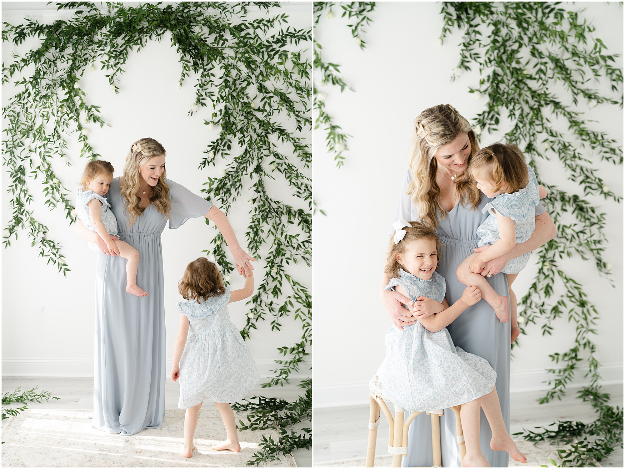 Portraits of a young mother with her children during a motherhood event.