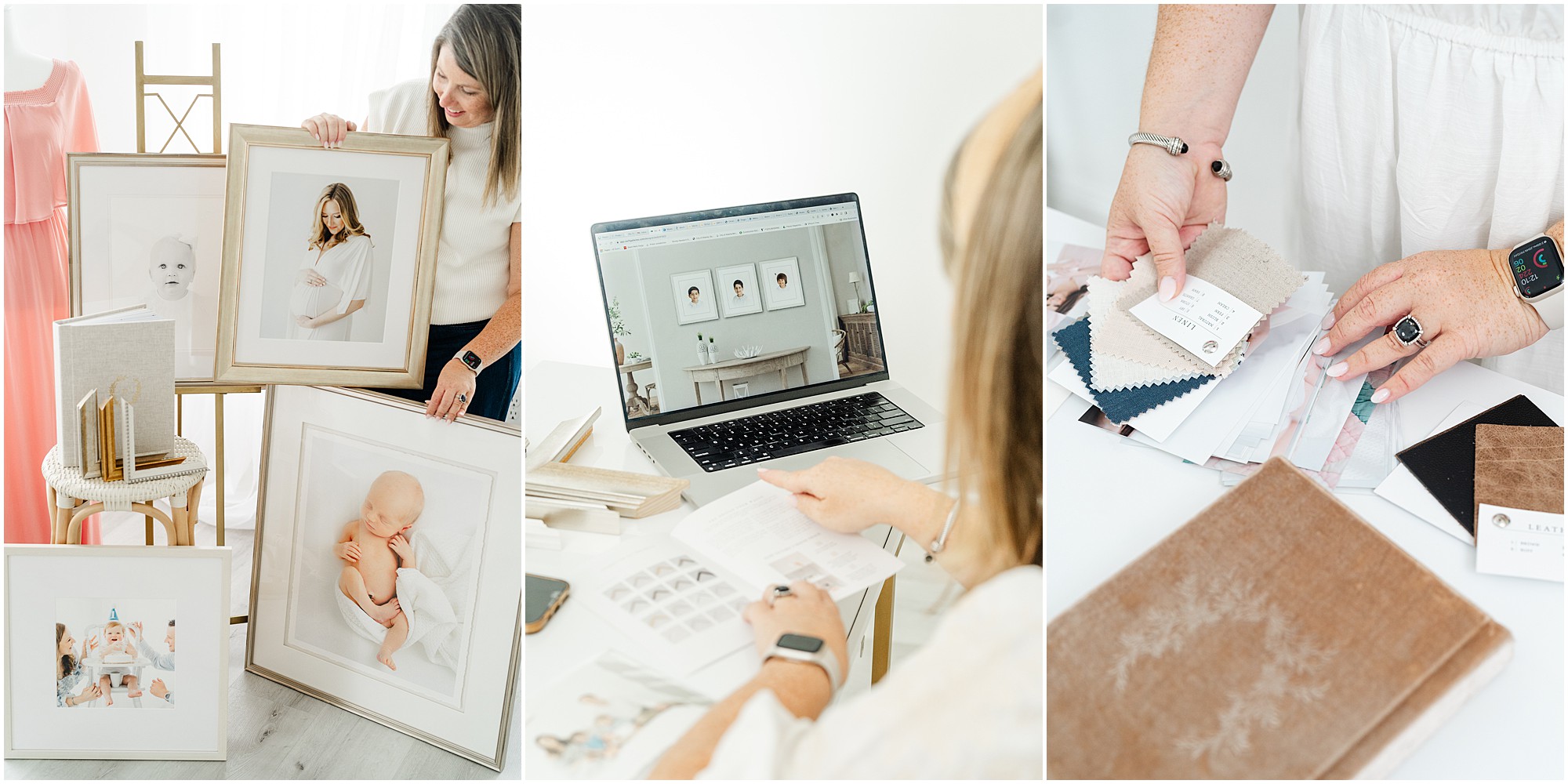 A photographer poses with her products including frames and albums.