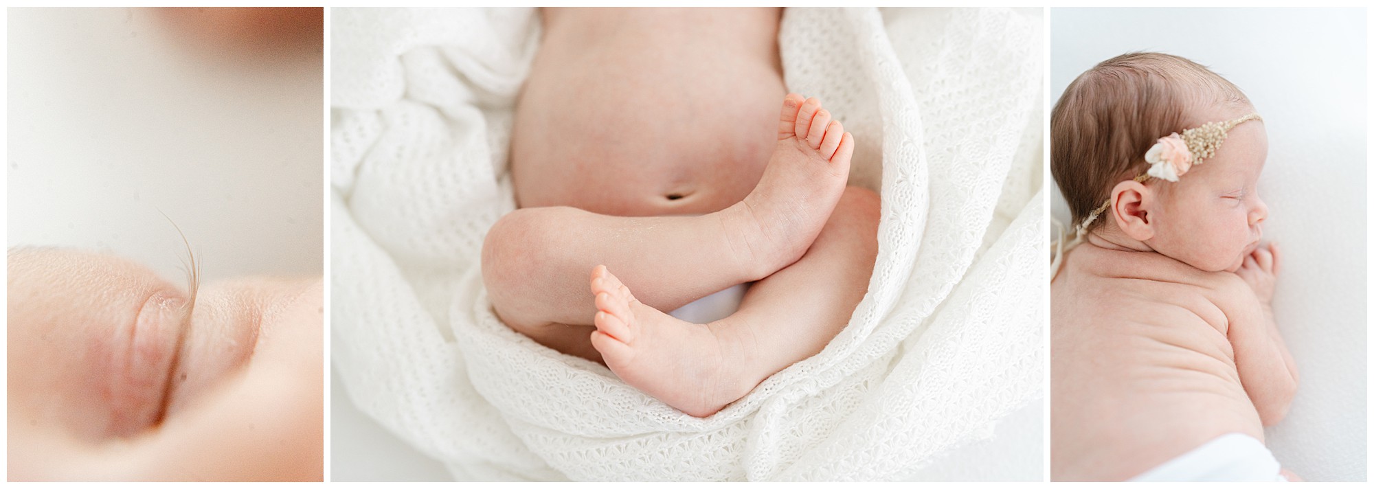 Detail shots of a baby's eyelashes, feet, and profile at an Atlanta newborn photography studio.