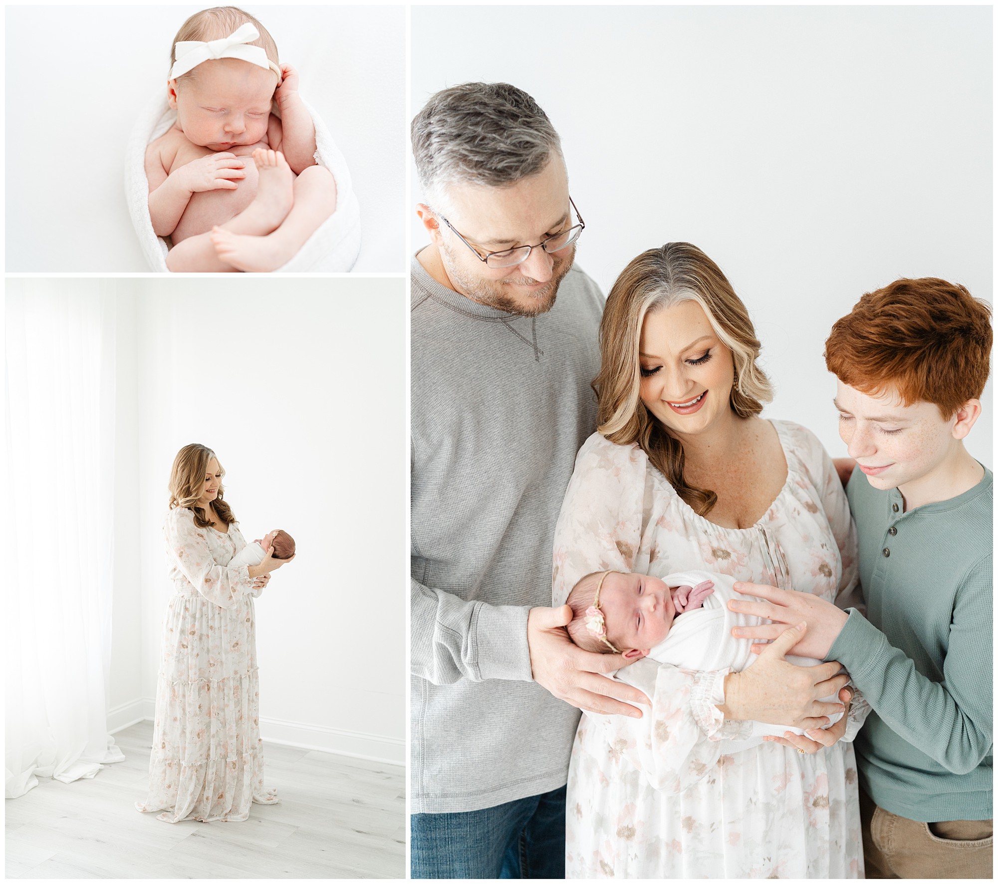 Portraits of parents with their son and newborn daughter in an Atlanta newborn photography studio.