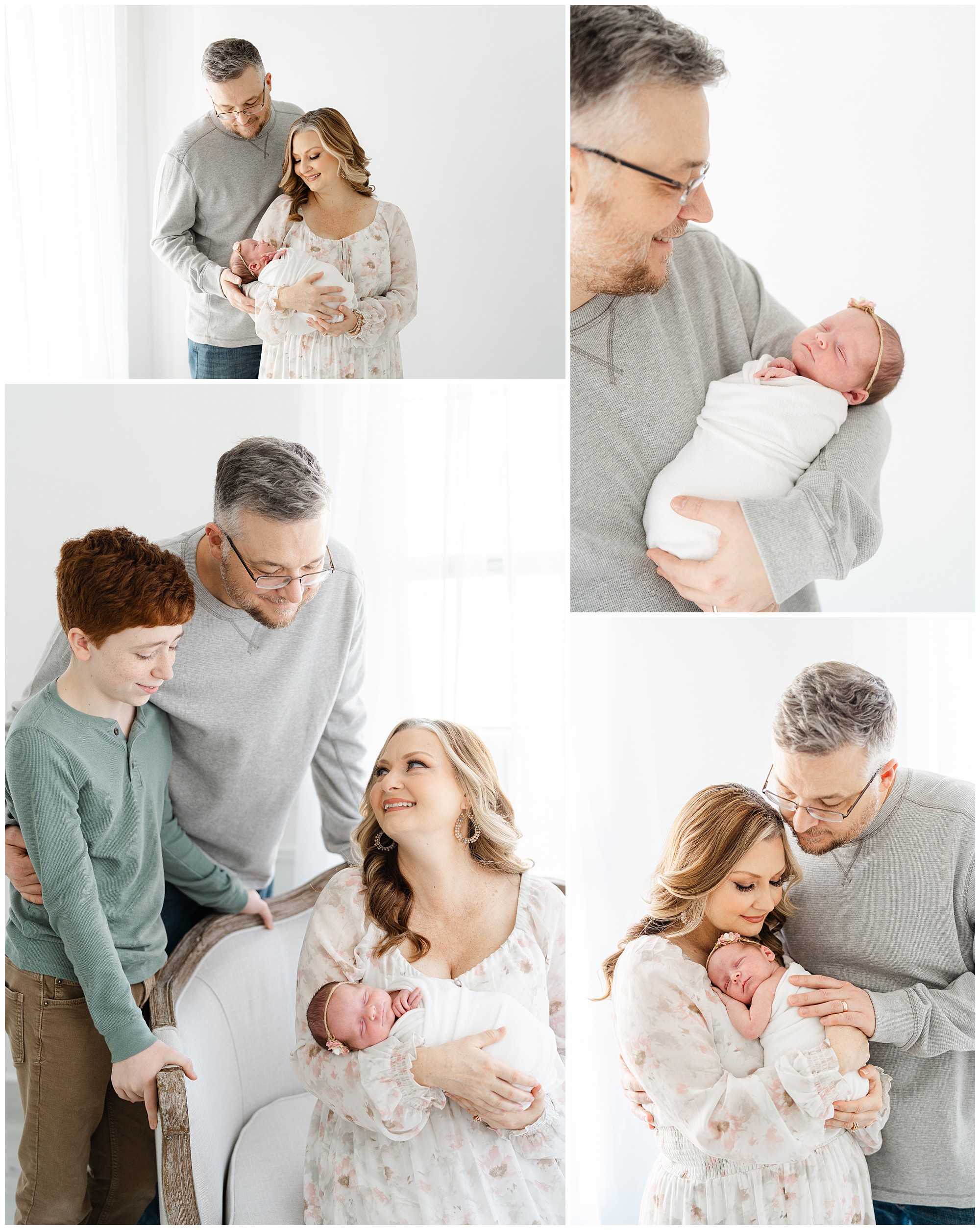 Portraits of parents with their son and newborn daughter taken by an Atlanta newborn photographer.