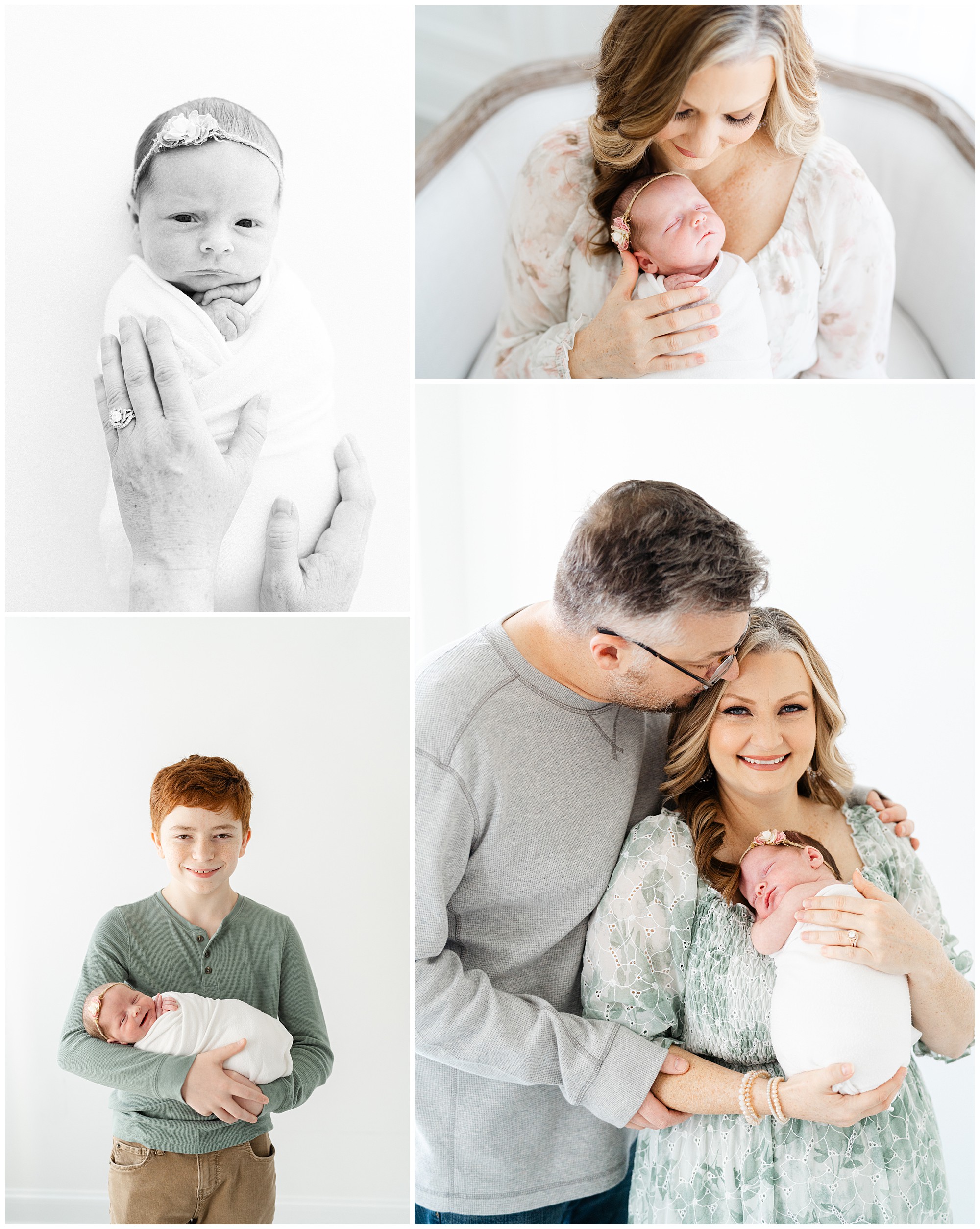 Portraits of parents with their son and newborn daughter in an Atlanta newborn photography studio.