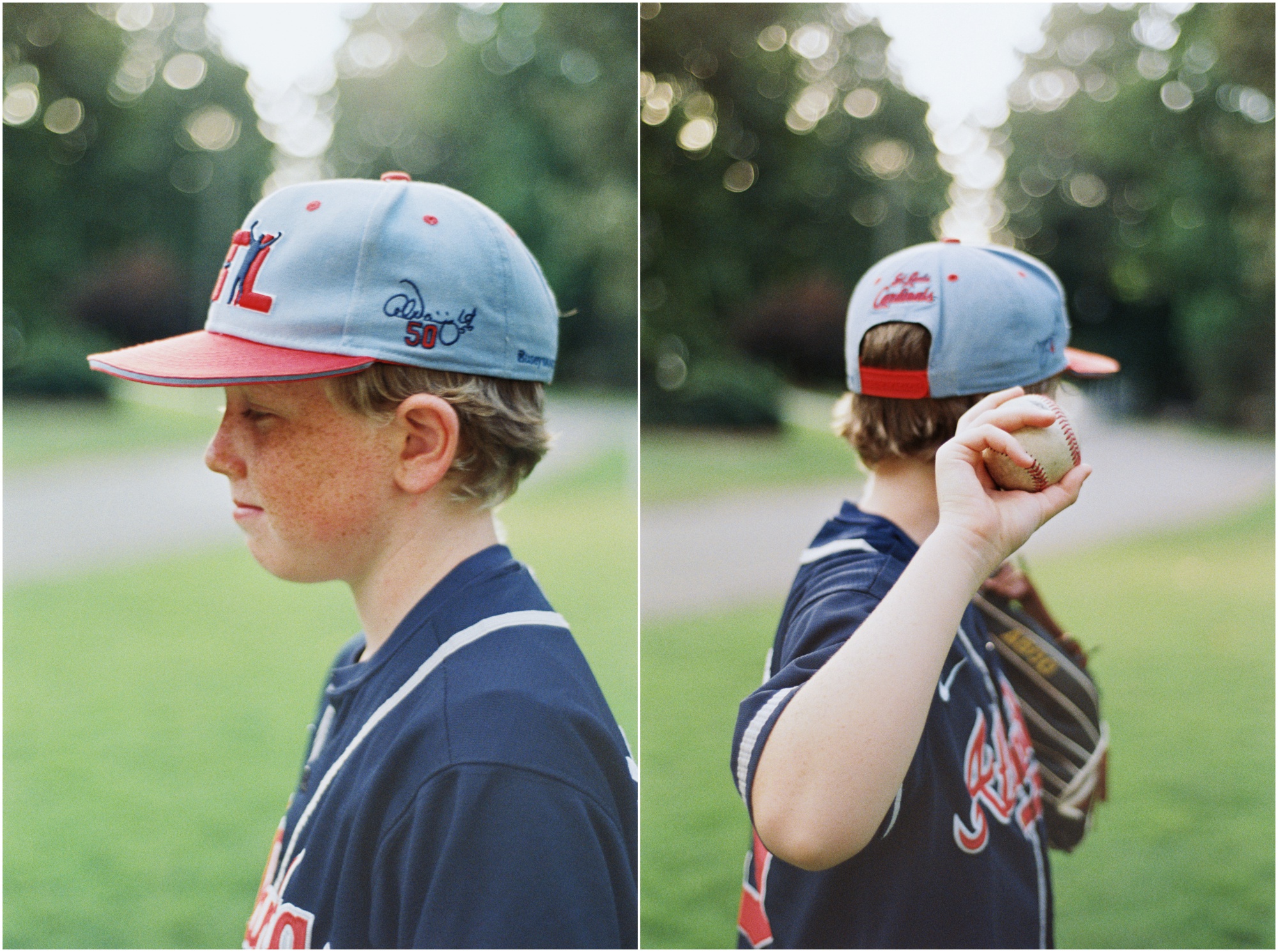 Portraits of a young boy in a baseball cap on film.