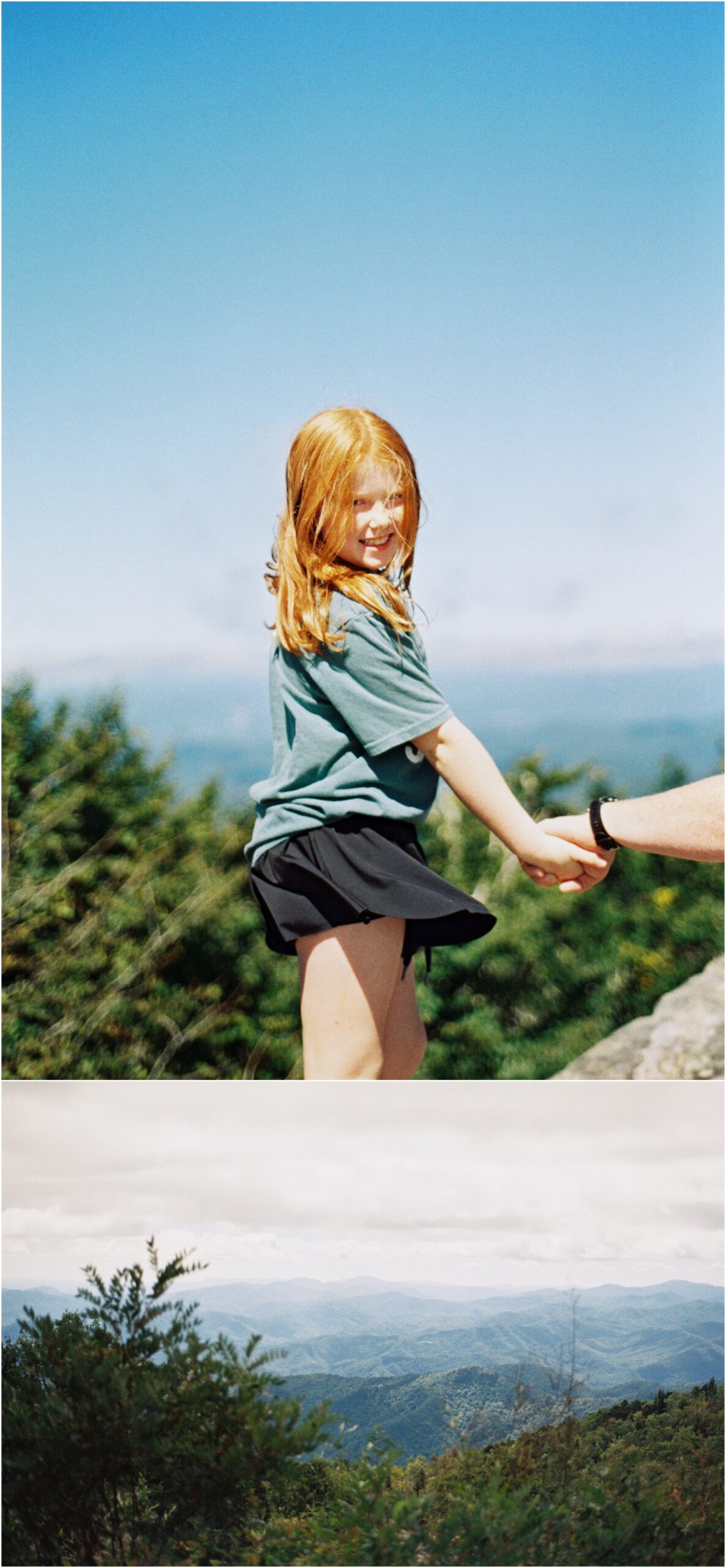 A photographer shows an image of her family on film through a portrait of her daughter and a landscape shot of mountains.