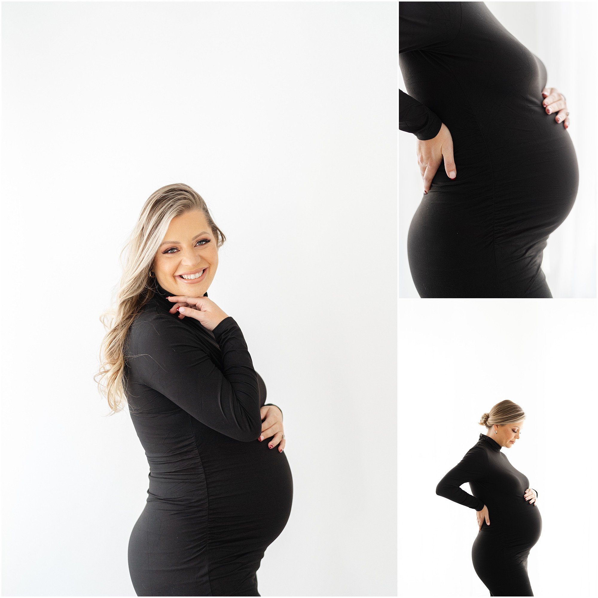 Maternity portraits in a fitted black dress.