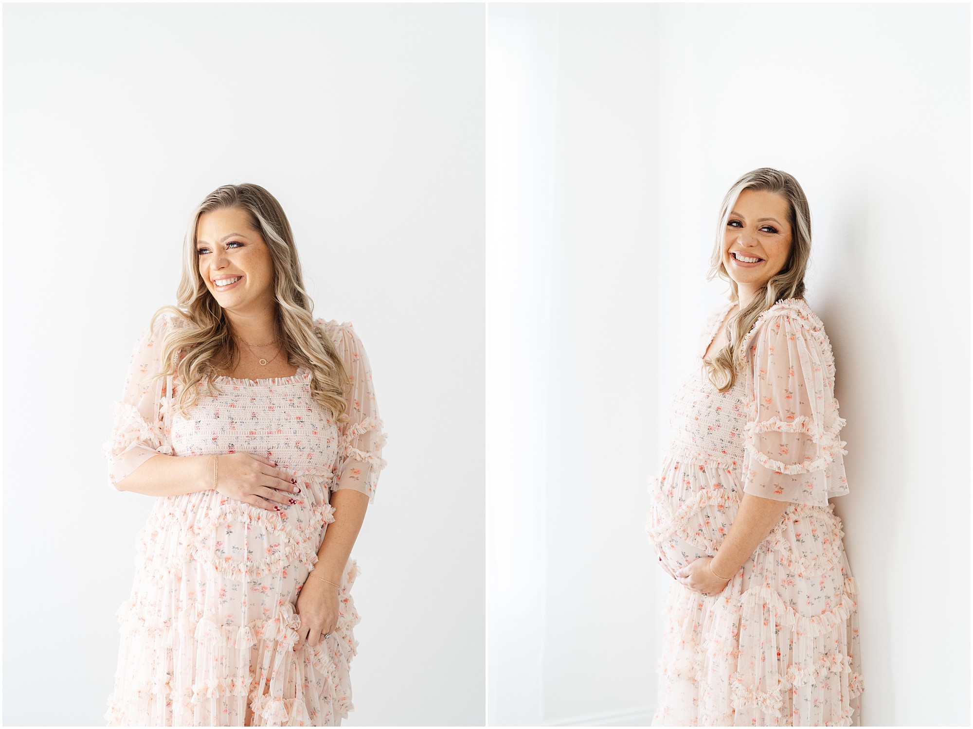 A Marietta maternity session featuring a mother to be in a flowing floral gown.