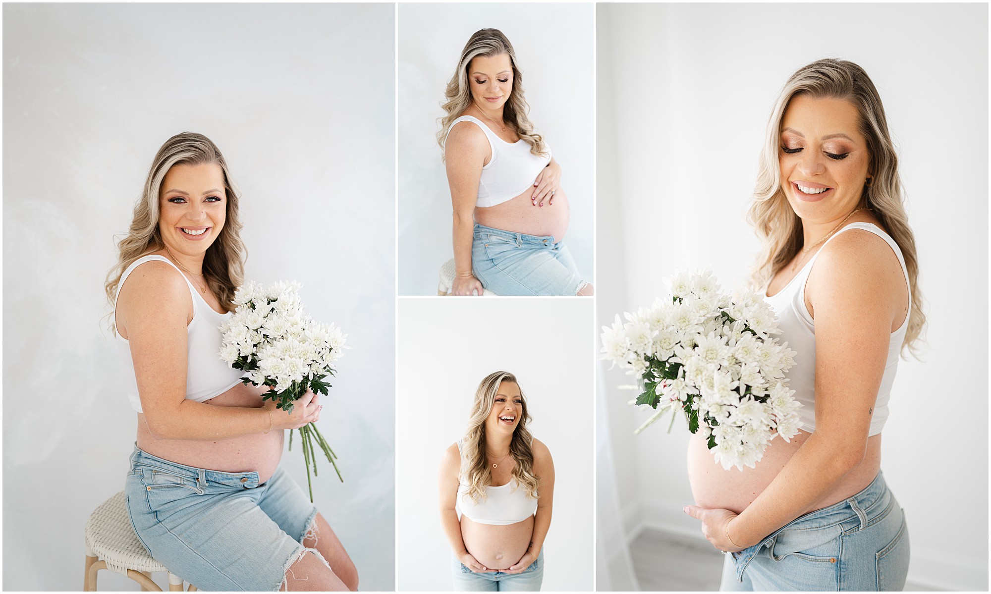 A Marietta maternity session featuring a mother in a white tank with ripped jeans.