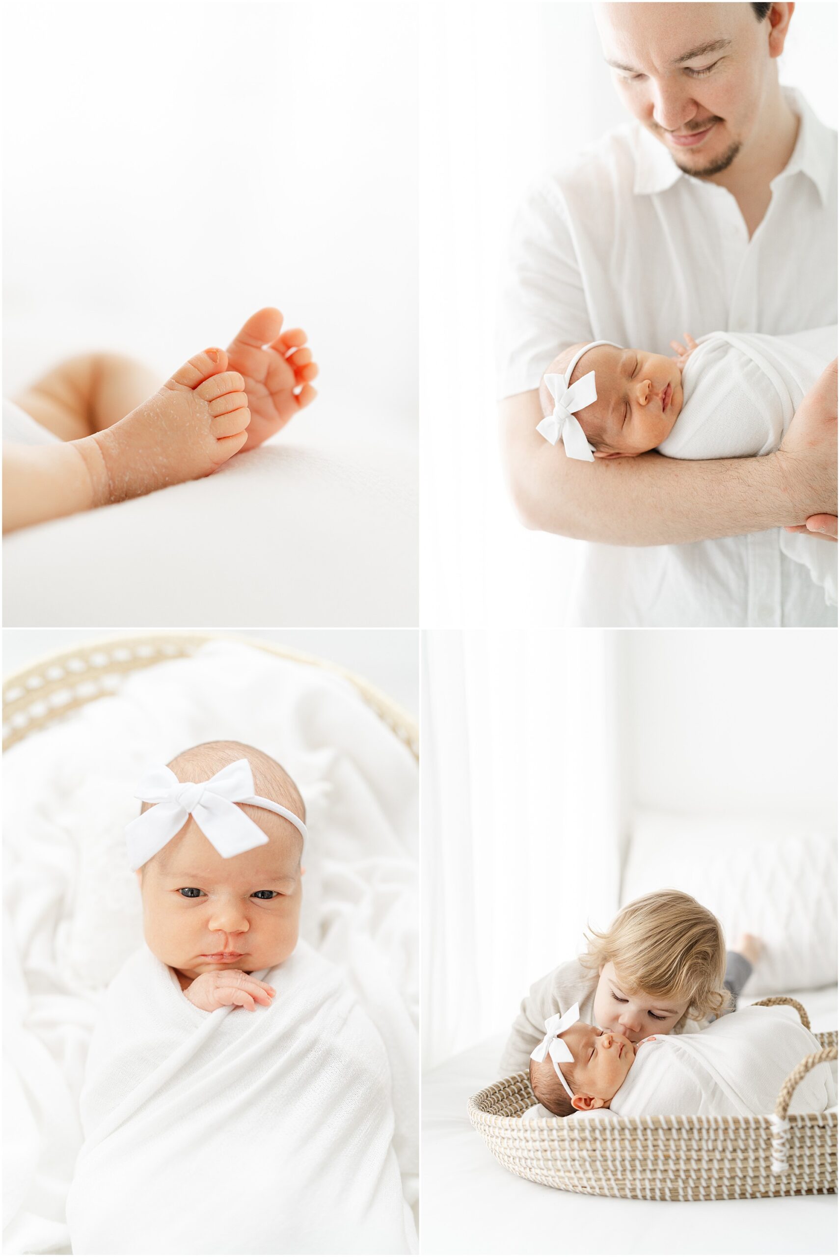 Detail portraits of a newborn baby girl with her dad and toddler brother.