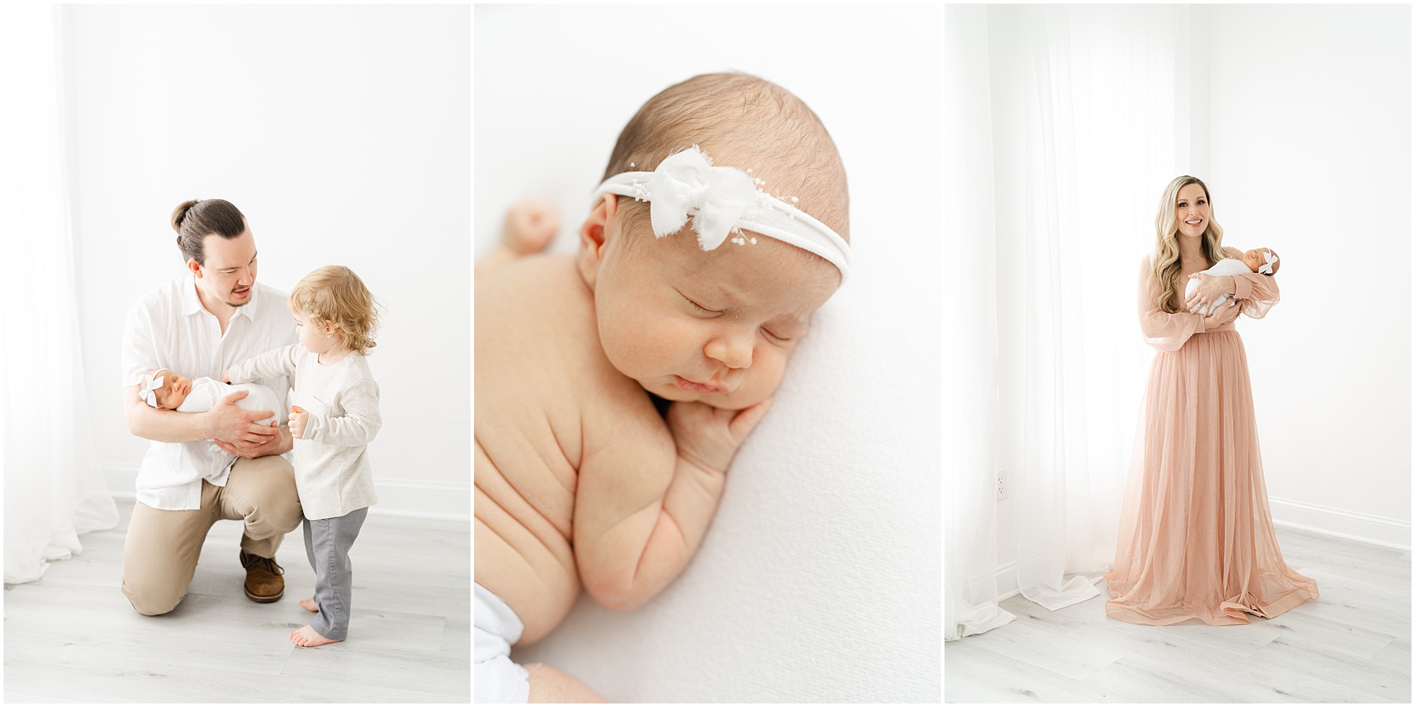 Atlanta studio newborn photography in a white studio of a young family.