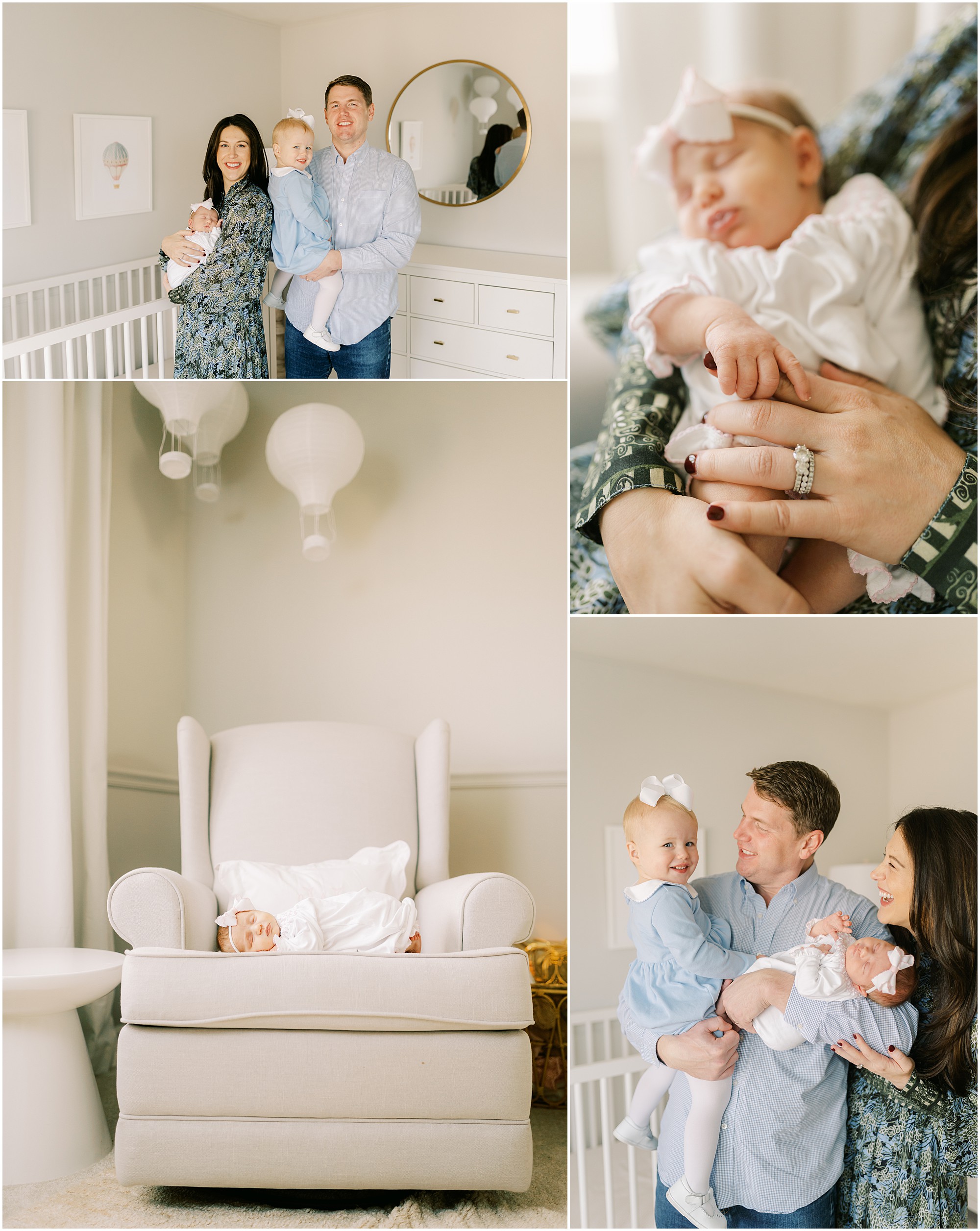Portraits of a young couple with their toddler daughter and newborn.