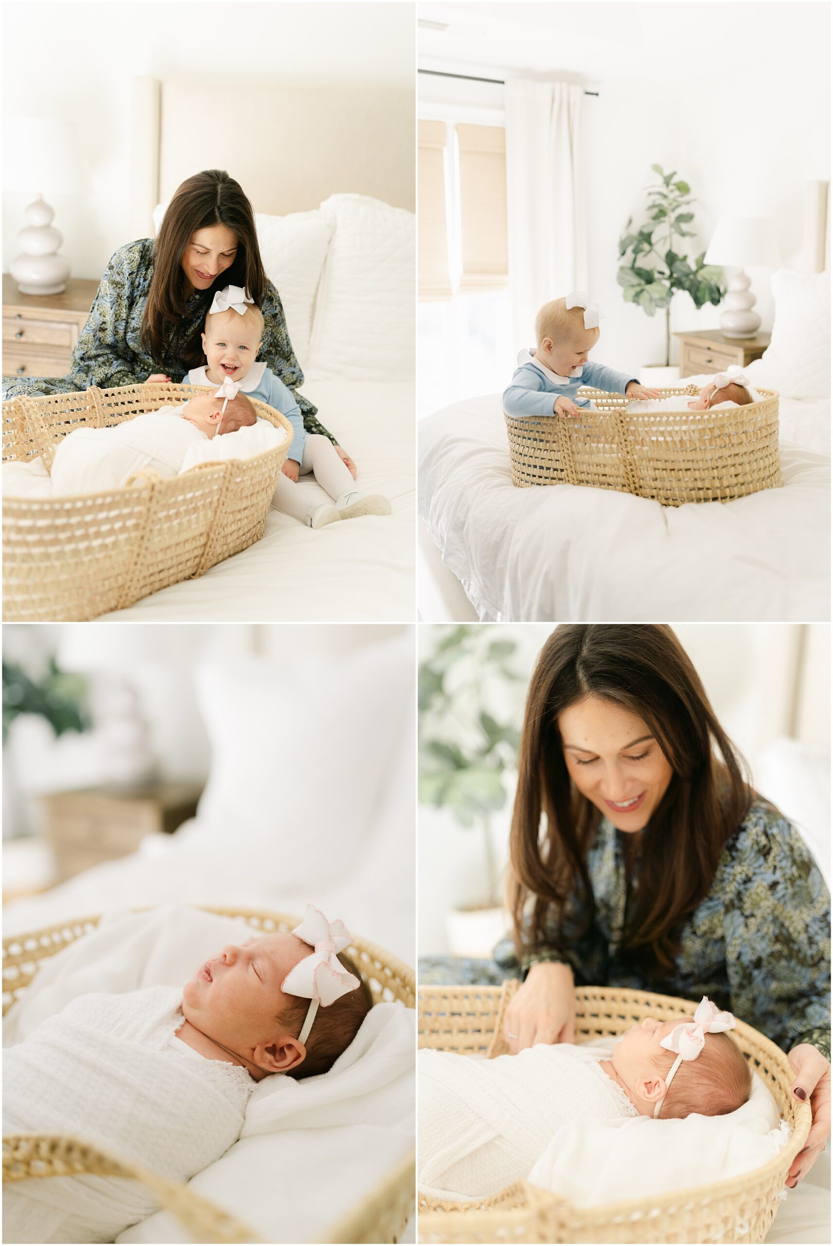 A mother poses with her toddler daughter and newborn baby in a moses basket during a Marietta newborn photography session.