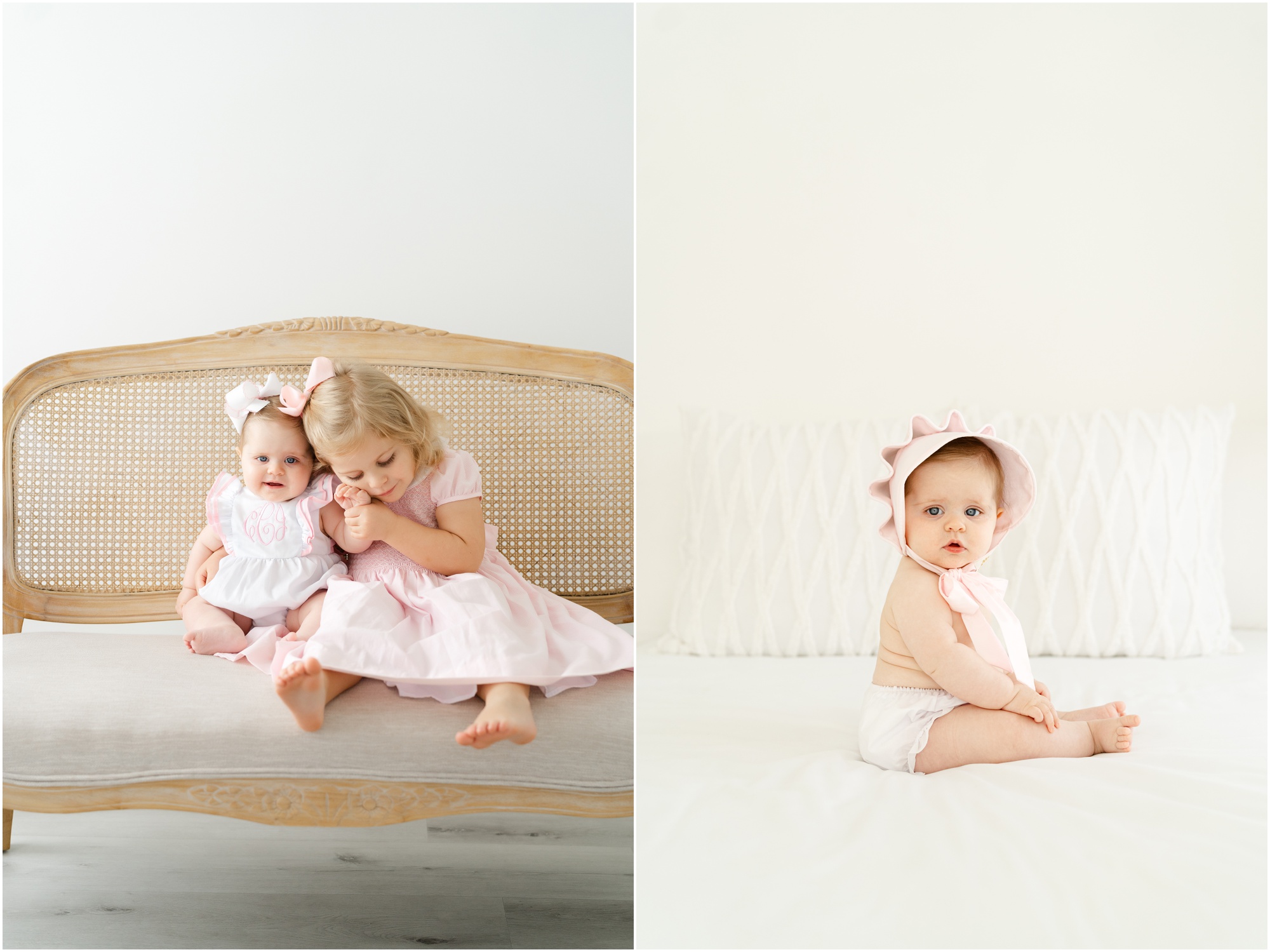 Portraits of a 6 month old baby with her toddler sister in an all white studio during an Atlanta sitter session.