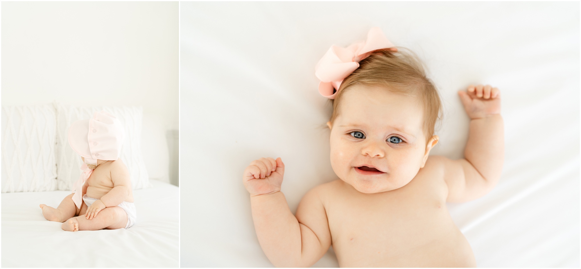 Portraits of a 6 month old baby with her toddler sister in an all white studio during an Atlanta sitter session.