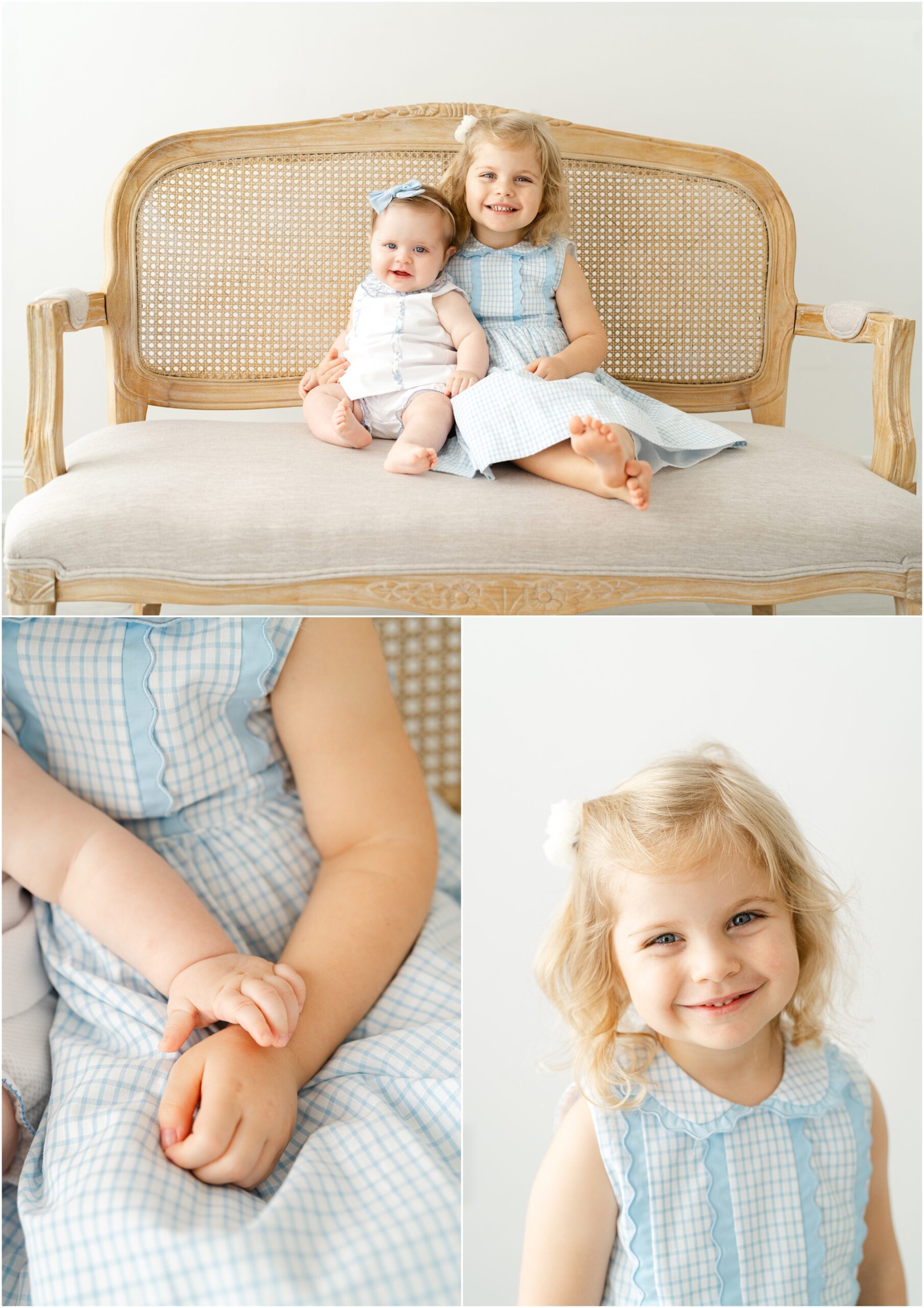 Portraits of a 6 month old baby with her toddler sister in an all white studio during an Atlanta sitter session.