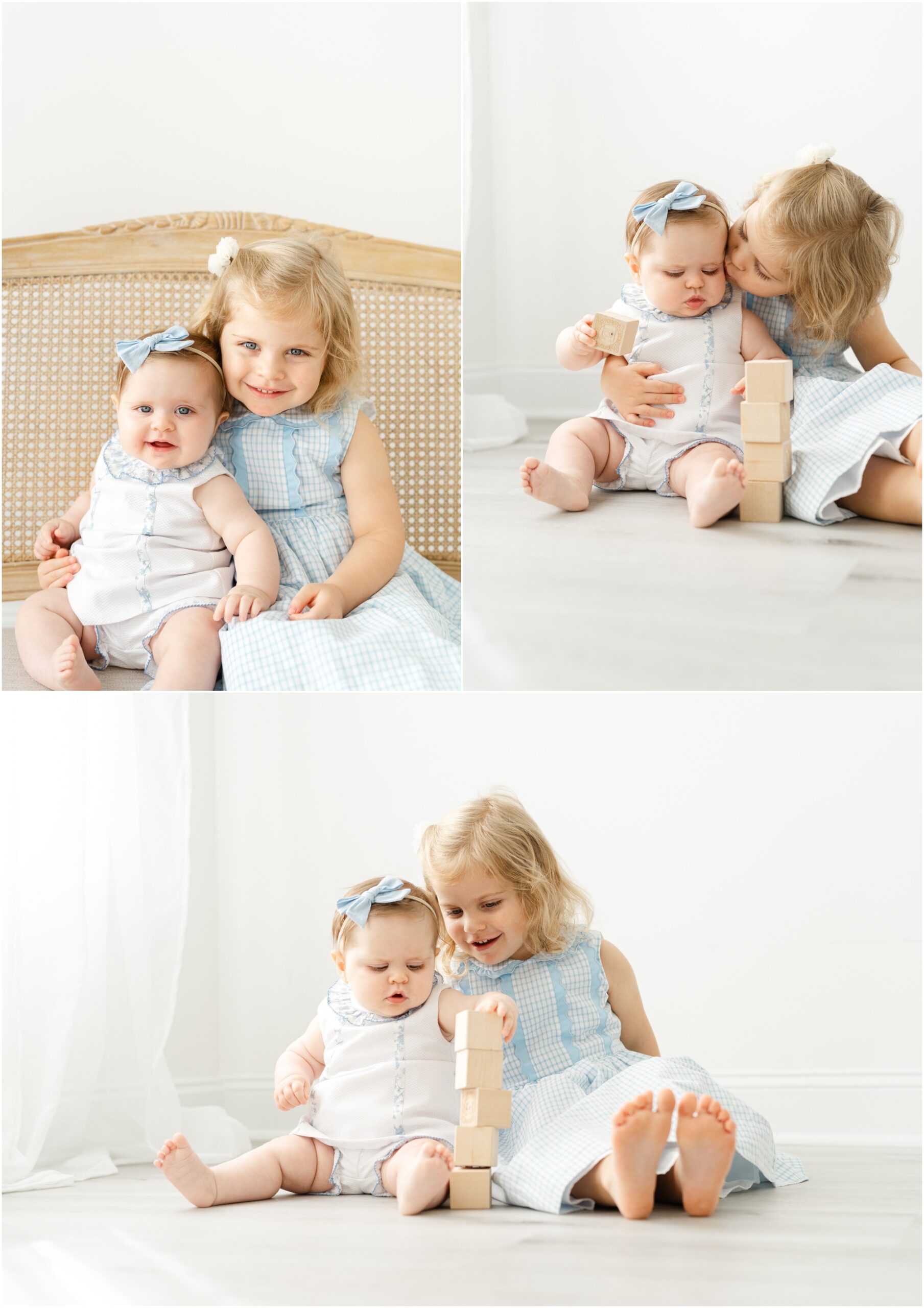 Portraits of a 6 month old baby with her toddler sister in an all white studio during an Atlanta sitter session.