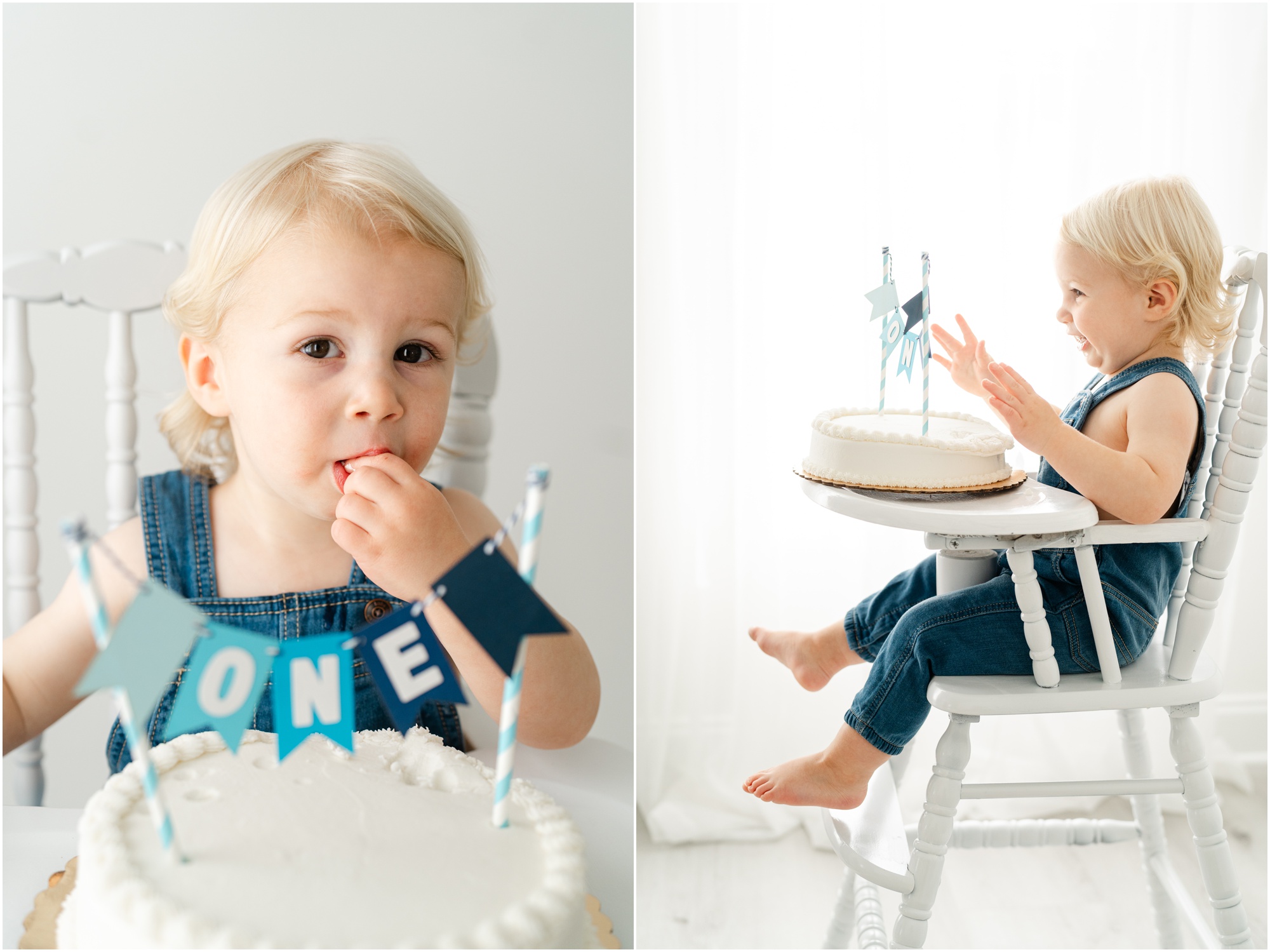 A young boy sits in a high chair with a cake in front him for a first birthday photo session.